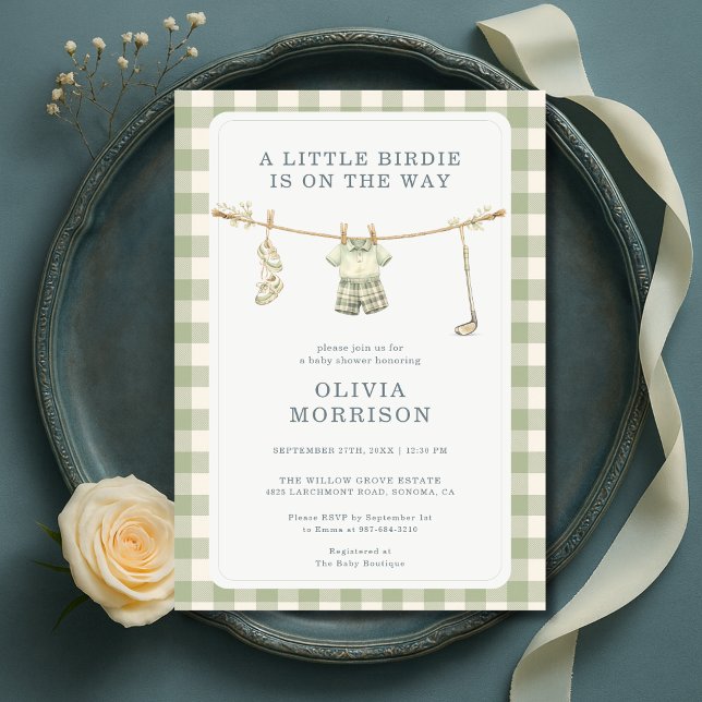 Golf Clothesline Gingham Sage Green Baby Shower Invitation (Creator Uploaded)