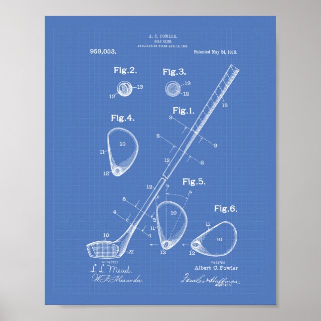Golf Club 1910 Patent Art - Blueprint Poster (Front)