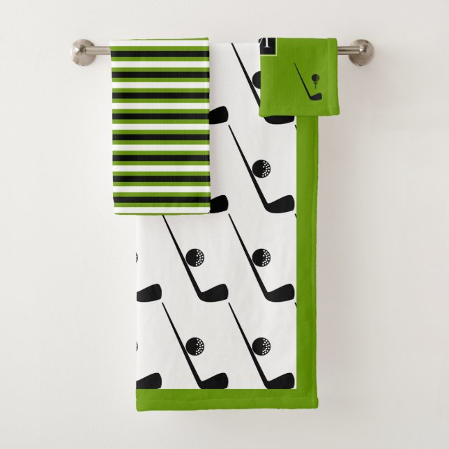 Golf club and ball black, green stripes monogram bath towel set (Insitu)