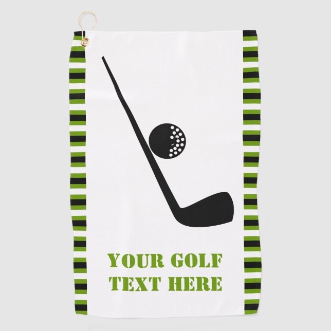 Golf club and ball black, green, white stripes golf towel (Front)