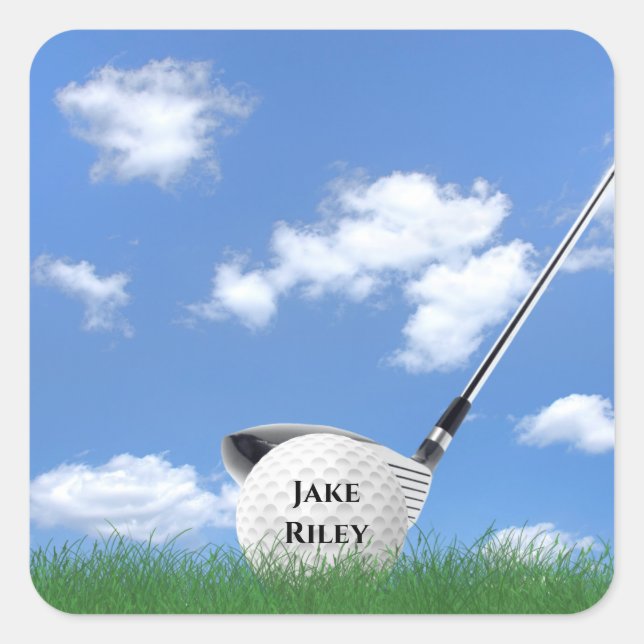golf club and ball in grass square sticker (Front)