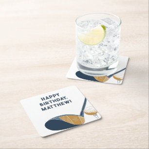 Golf Club and Ball Personalised Golfers Birthday Square Paper Coaster