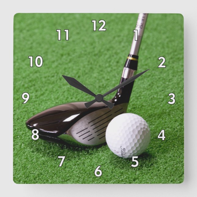 Golf Club and Golf Ball on the Green Square Wall Clock (Front)