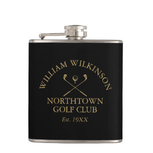 Golf Club And Member Name Black And Gold Hip Flask