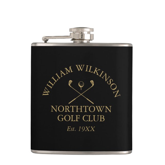 Golf Club And Member Name Black And Gold Hip Flask (Front)