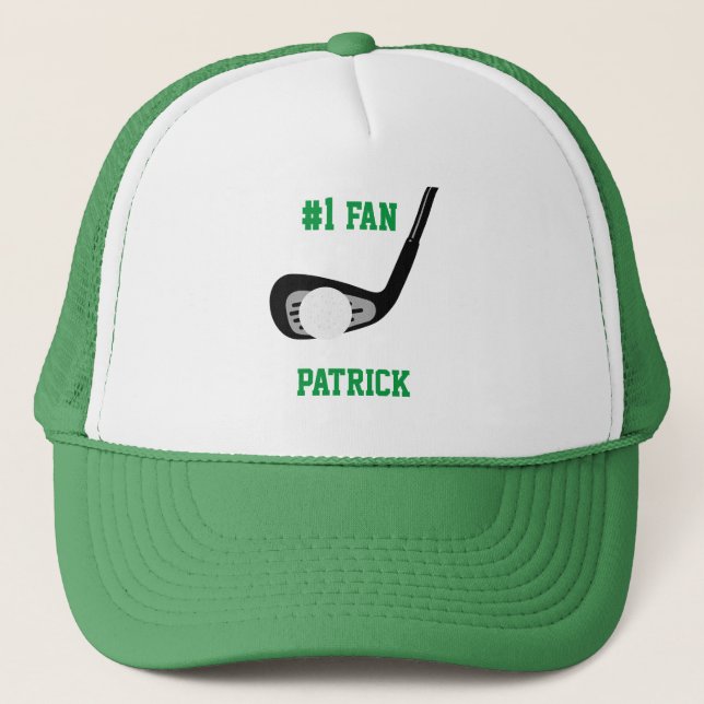 Golf Club Putter and Ball #1 Sports Fan with Name Trucker Hat (Front)