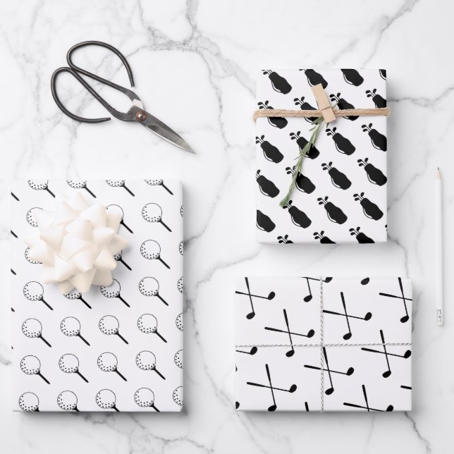 Golf Clubs Balls Tees Modern Sports Black White Wrapping Paper Sheet (Front)