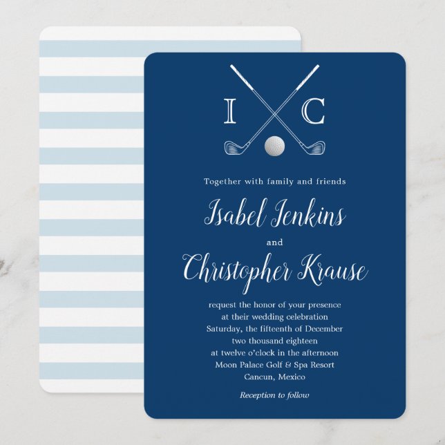 Golf Clubs Blue Monogram Stripe Wedding Invitation (Front/Back)