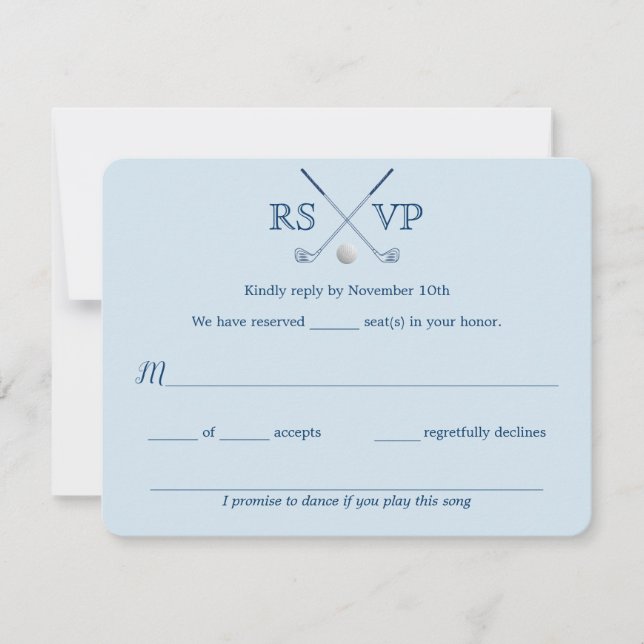 Golf Clubs Blue Striped Wedding RSVP Card 4.25x5.5 (Front)