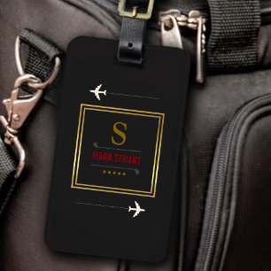 Golf clubs, name & initial on black monogrammed luggage tag