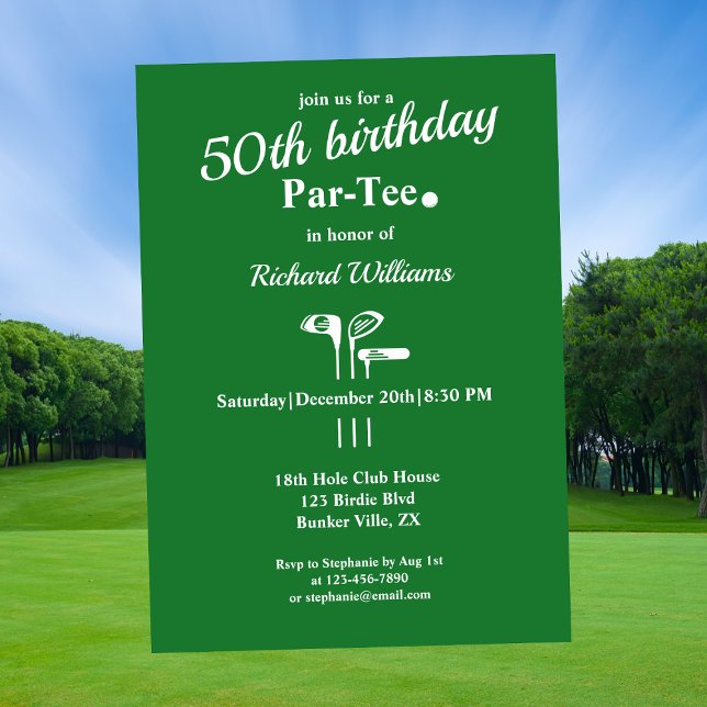 Golf Clubs Par Tee Green White Men's 50th Birthday Invitation (Creator Uploaded)