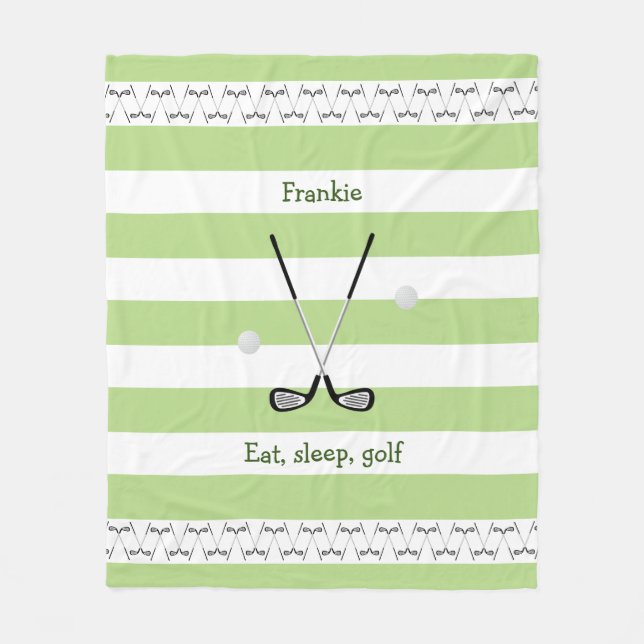Golf clubs personalised green striped fleece blanket (Front)