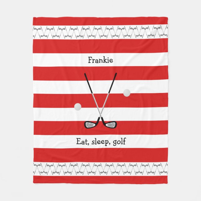 Golf clubs personalised red striped fleece blanket (Front)