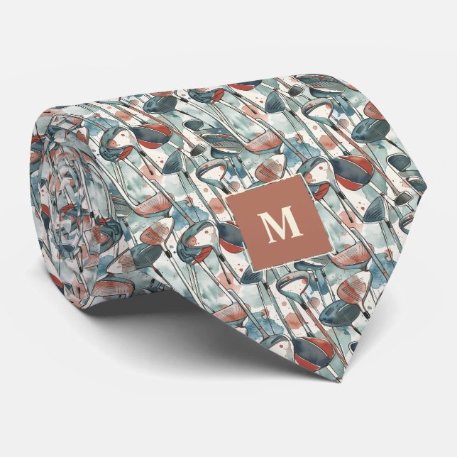 Golf Clubs Watercolor Monogrammed Tie (Rolled)