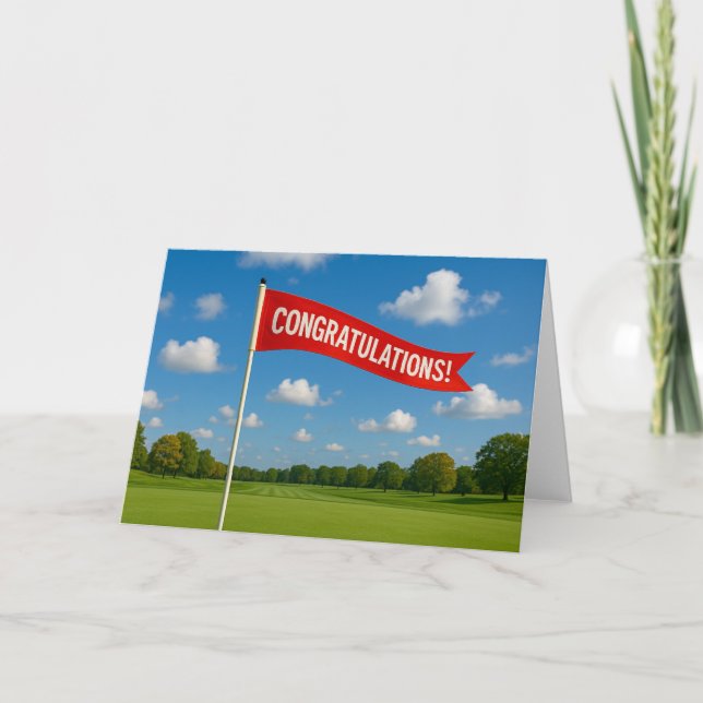 Golf congratulations with golf flag on green grass card (Front)