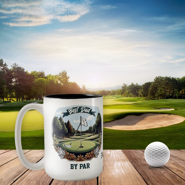 Golf Course Club and Ball Best Dad by Par Name Two-Tone Coffee Mug (Golf Course, Club, Ball and Flag  "World's Best Dad by Par" Two-Tone Coffee Mug)