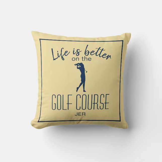 Golf Course Golfer Quote Monogrammed Yellow Blue Cushion (Front)