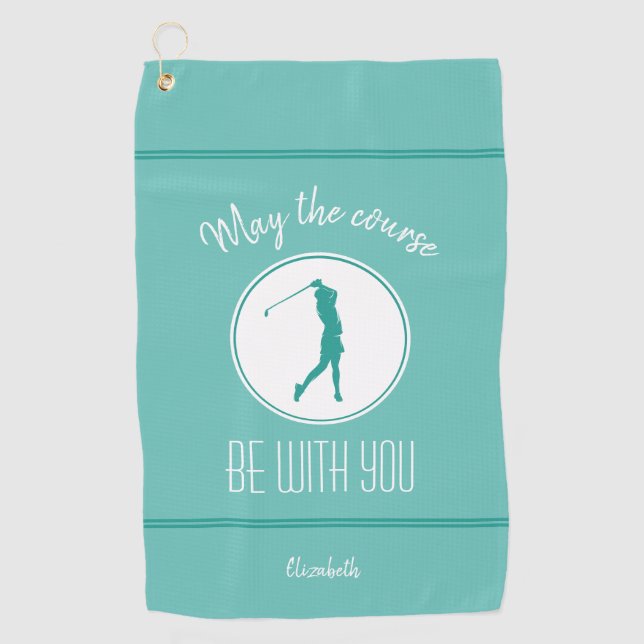 Golf Course Lady Golfer Monogram Pro Modern Teal Golf Towel (Front)