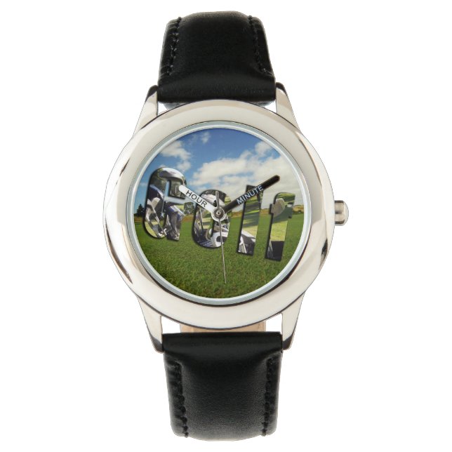 Golf Course Logo, Kids Black Leather Watch (Front)