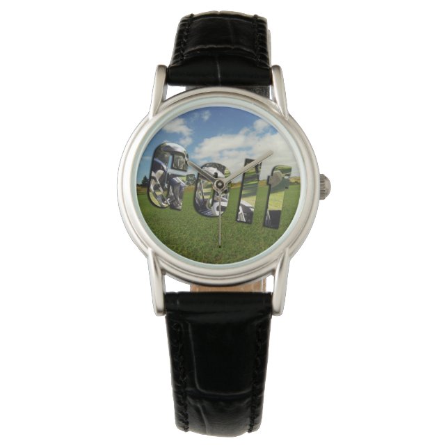 Golf Course Logo, Ladies Black Leather Watch (Front)