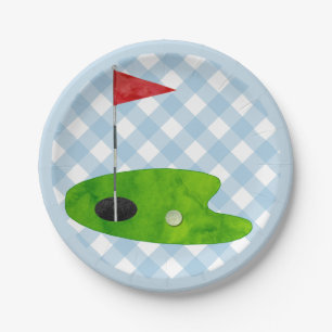 Golf Course Plaid Blue White Preppy Country Club Paper Plate