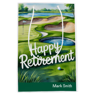 Golf course with text Happy Retirement on green  Medium Gift Bag