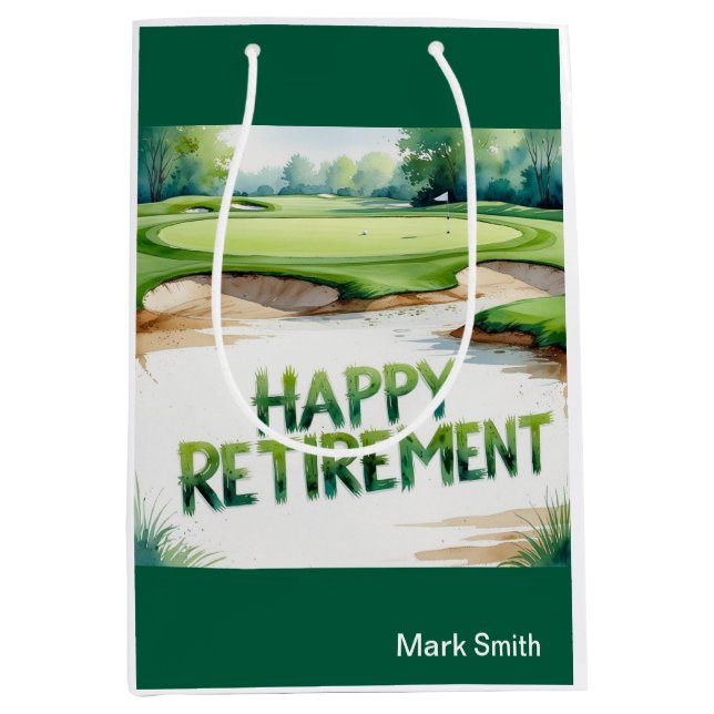 Golf course with text Happy Retirement on green  Medium Gift Bag (Front)