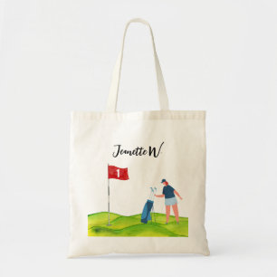 Golf  course with woman golfer  tote bag