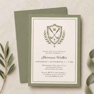 Golf Crest Elegant Monogram Birthday Party Golfing Invitation