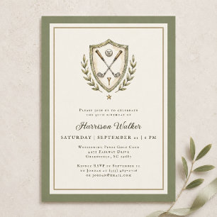 Golf Crest Elegant Monogram Birthday Party Golfing Invitation