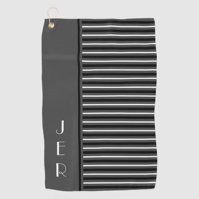 Golf Custom Initials |  Grey Black Modern Stripes Golf Towel (Front)