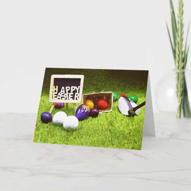 Golf Easter with club and egg golf balls on green Holiday Card (Front)