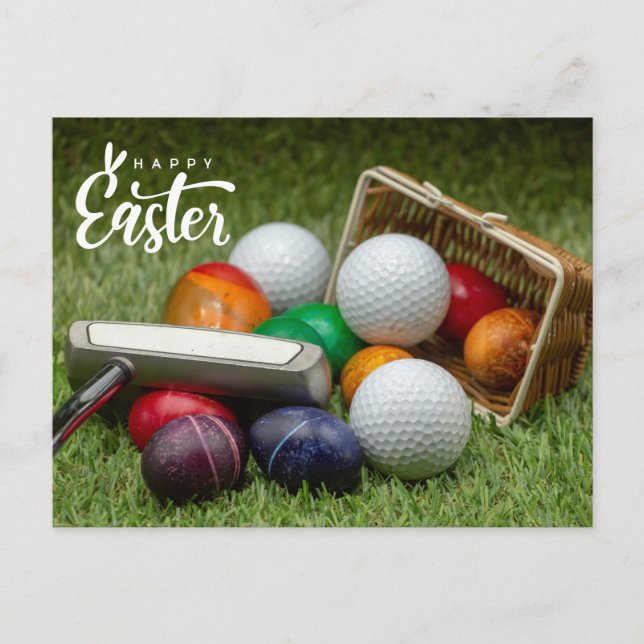 Golf Easter with colourful eggs golf ball  Holiday Postcard (Front)