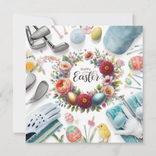 Golf easter with golf equipment with flower holiday card