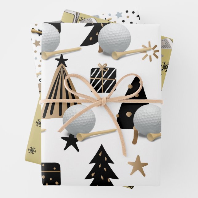 Golf Equipment on Christmas Graphic Background Wrapping Paper Sheet (In situ)