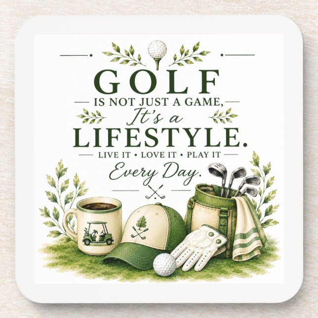 Golf equipment with text on green coaster (Front)