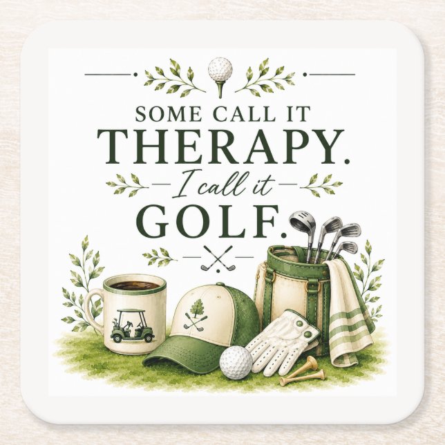 Golf equipment with text on green square paper coaster (Front)