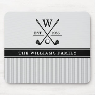 Golf Family Monogram Grey Black White Mouse Mat
