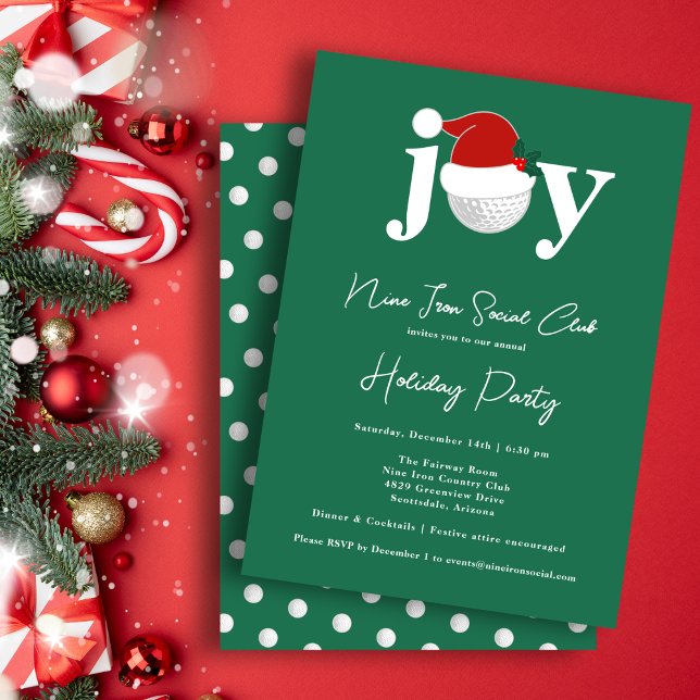 Golf Festive Holiday Party Joy Typography Green Invitation (A modern invite for your holiday gathering 🎄
Personalize for your club, family, or business)