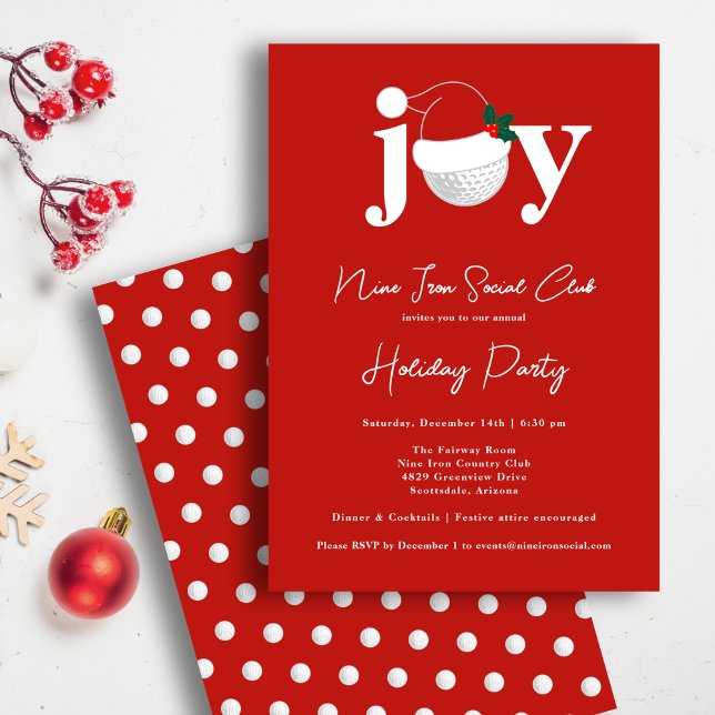 Golf Festive Holiday Party Joy Typography Red  Invitation (Golf meets holiday cheer in bold red and white. Customizable text for your club or event.)