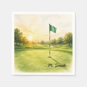 Golf flag is on putting green with your name napkin