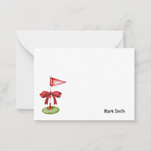 Golf flag with red ribbon with name card