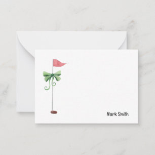 Golf flag with red ribbon with name card