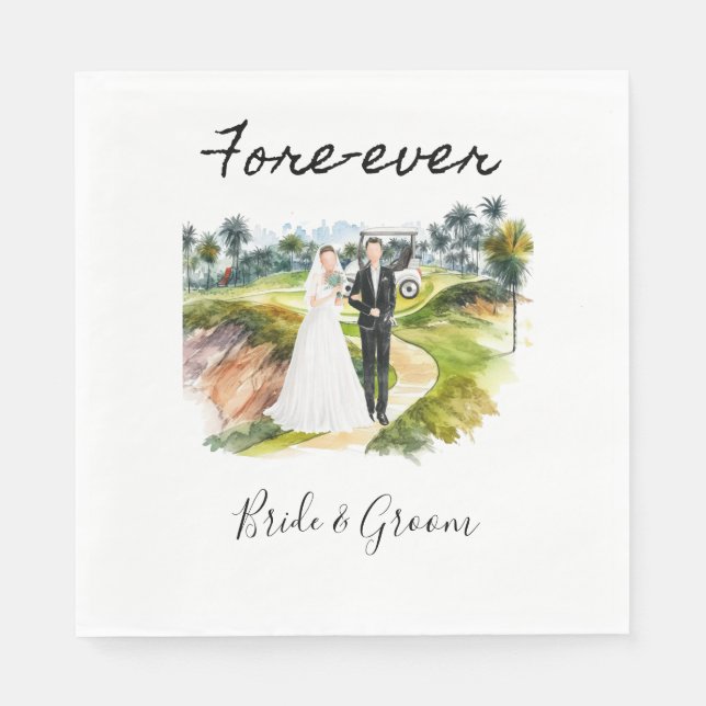 Golf Fore Ever with Bride and Groom Wedding  Napkin (Front)