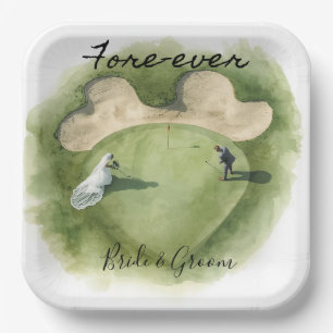 Golf Fore Ever with Bride and Groom Wedding Paper Plate