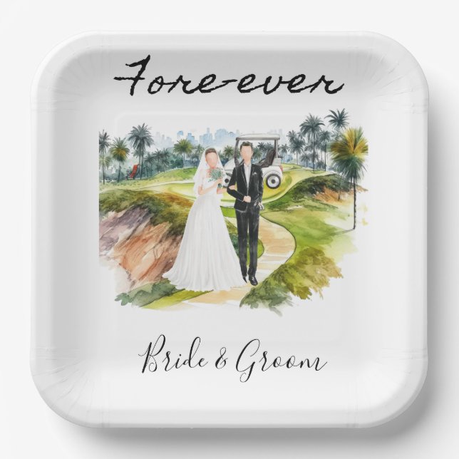 Golf Fore Ever with Bride and Groom Wedding  Paper Plate (Front)