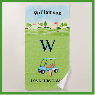 Golf Fun Course Cart Monogram Name   Beach Towel