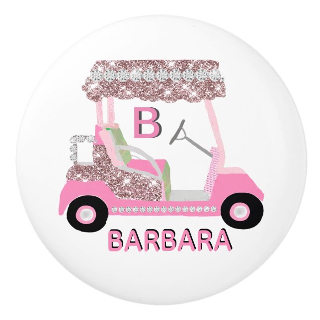 Golf Gal Fun Glitz Glam Rose Gold Diamond Cart Ceramic Knob (Front)