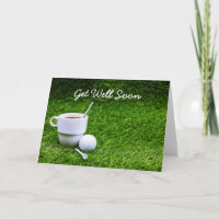 Golf get well soon with cup of tea and golf ball