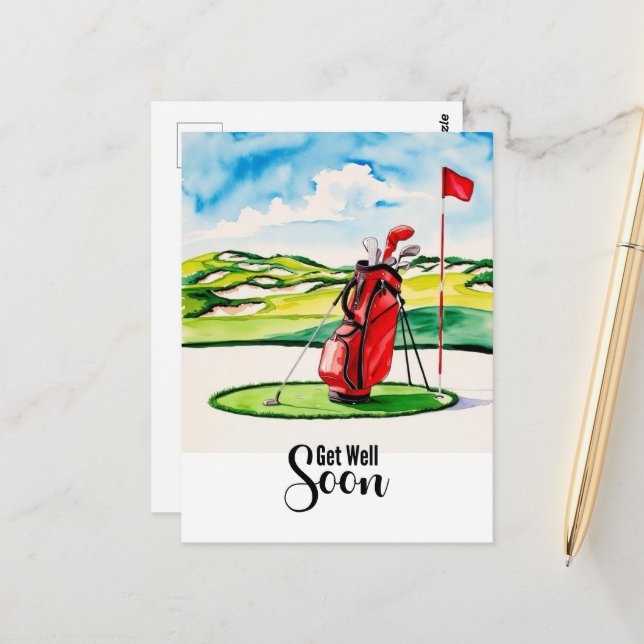Golf get well soon with golf bag on putting green  postcard (Front/Back In Situ)